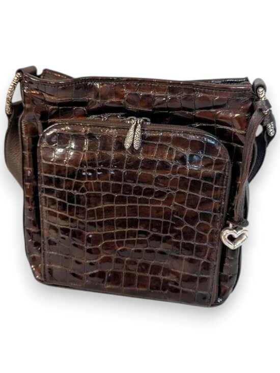 Brighton Handbags - Brighton Sonny Lil Cher Croc-Embossed Patent Leather Bronze Brown Shoulder Bag